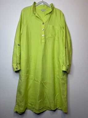 John Mark Neon Green Linen Dress Roll Tab Sleeves Button Down Placket Size M